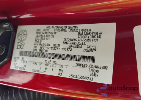 2015 Ford F-150 Lariat from USA, damaged, VIN 1FTFW1EG7FFC38972